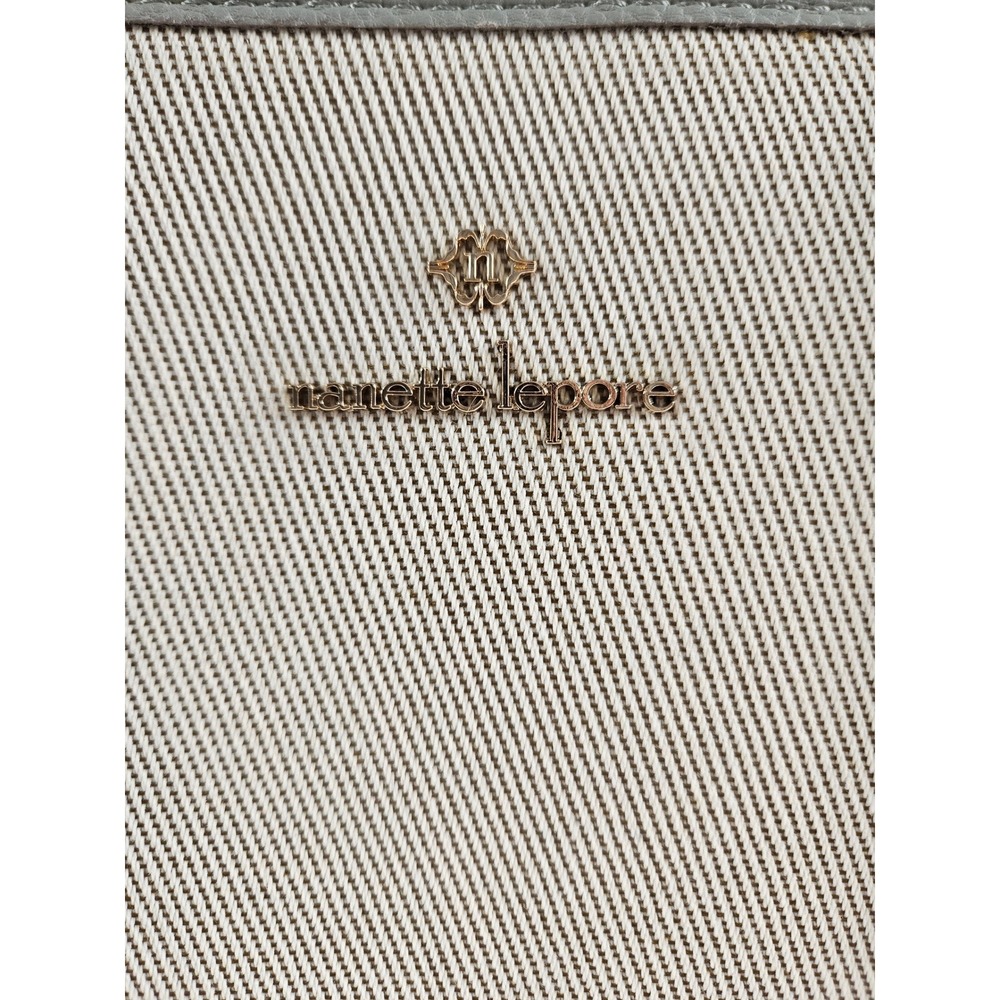 Nanette Lepore Canvas Tote Bag Sage Green Pebbled Trim Shoulder Bag Gold Hardwar - Picture 2 of 11